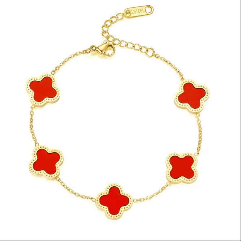 18K gold PVD coated waterproof, non-tarnish, hypoallergenic red clover bracelet.