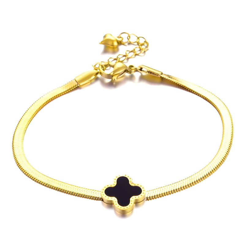 18K gold PVD coated waterproof, non-tarnish, hypoallergenic black clover bracelet.