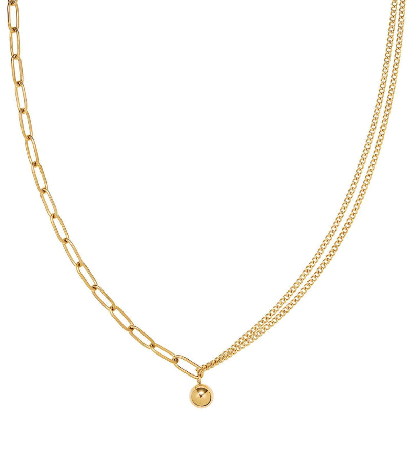 18K gold PVD coated waterproof, non-tarnish, hypoallergenic double chain and link chain necklace with hanging gold ball charm.