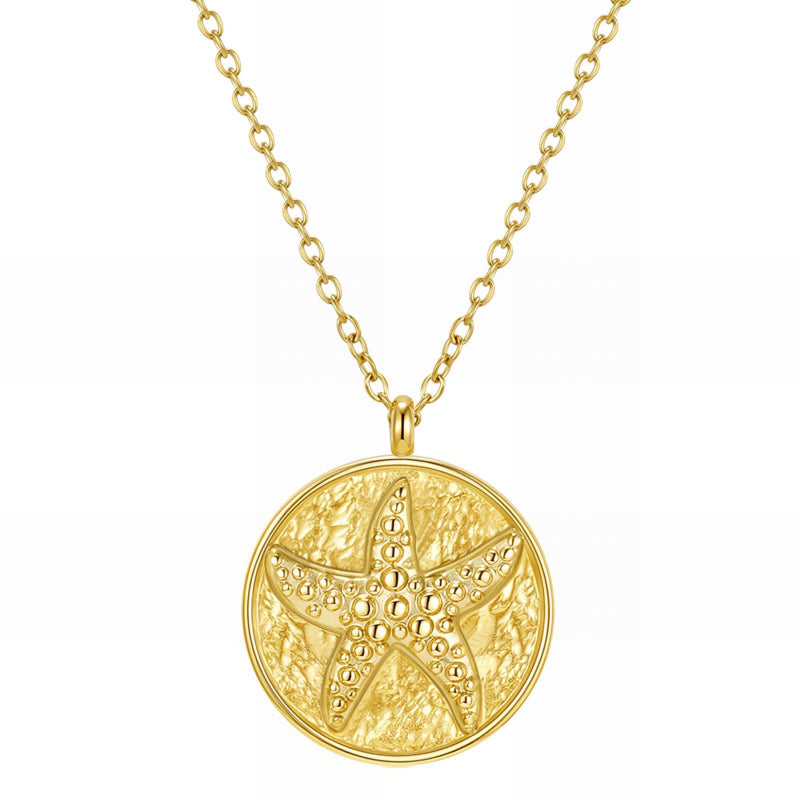 18K gold PVD coated waterproof, non-tarnish, hypoallergenic starfish coin necklace.
