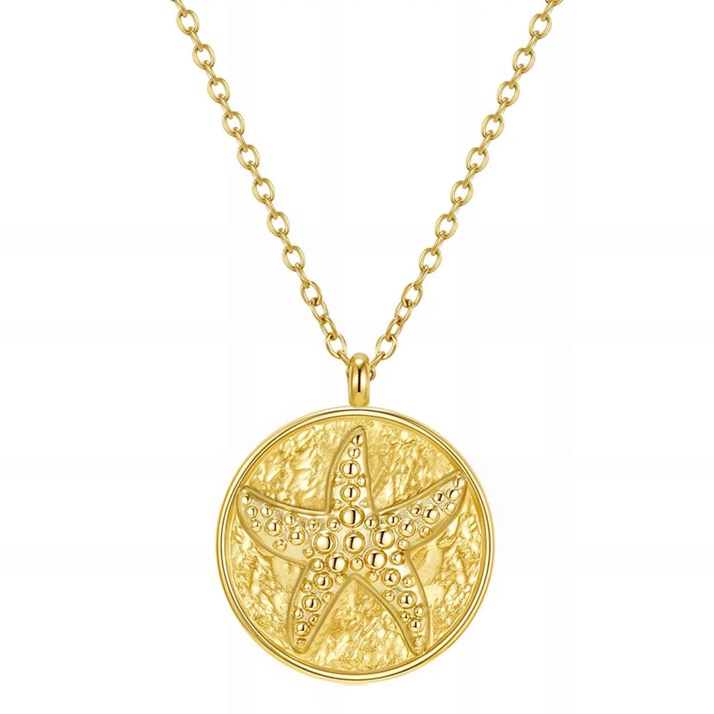 Gold necklace with a starfish pendant on a white background