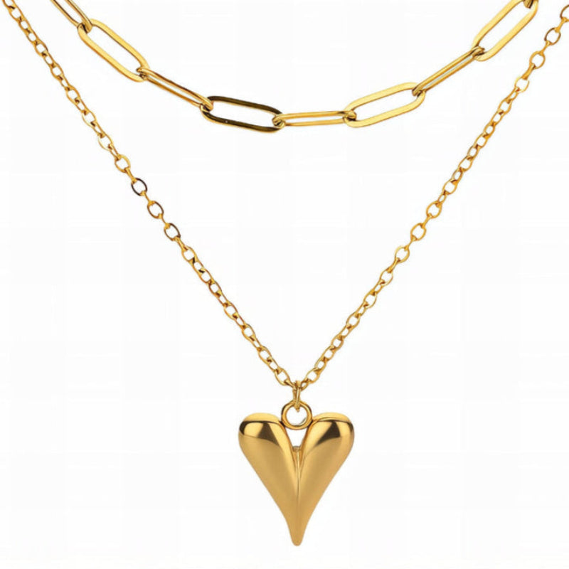 18K gold PVD coated waterproof, non-tarnish, hypoallergenic double necklace with gold heart pendant.
