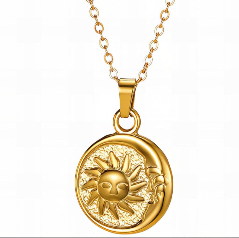 18K gold PVD coated waterproof, non-tarnish, hypoallergenic sun and moon necklace.