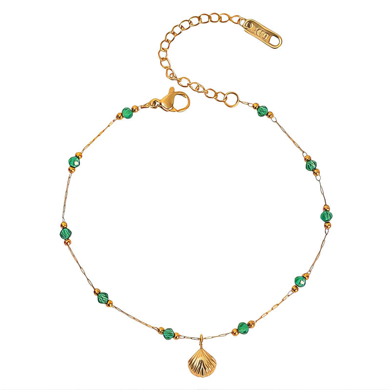 18K gold PVD coated waterproof, non-tarnish, hypoallergenic very dainty green bead and thin chain bracelet with sea shell charm.