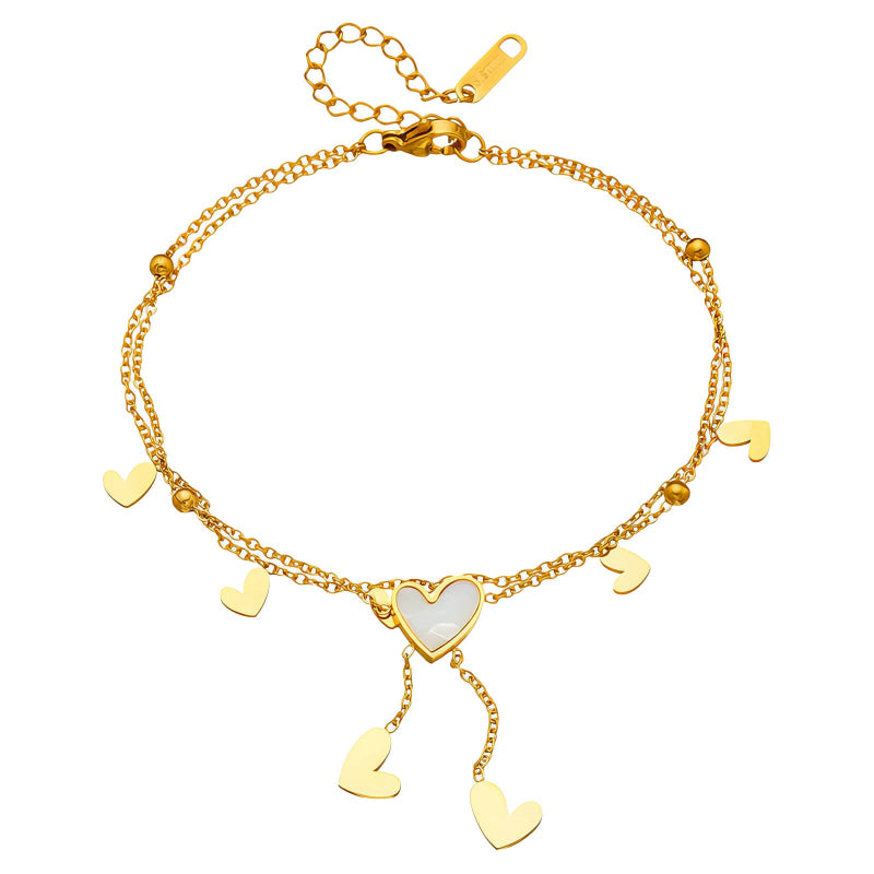 18K gold PVD coated waterproof, non-tarnish, hypoallergenic dangling heart ankle bracelet.