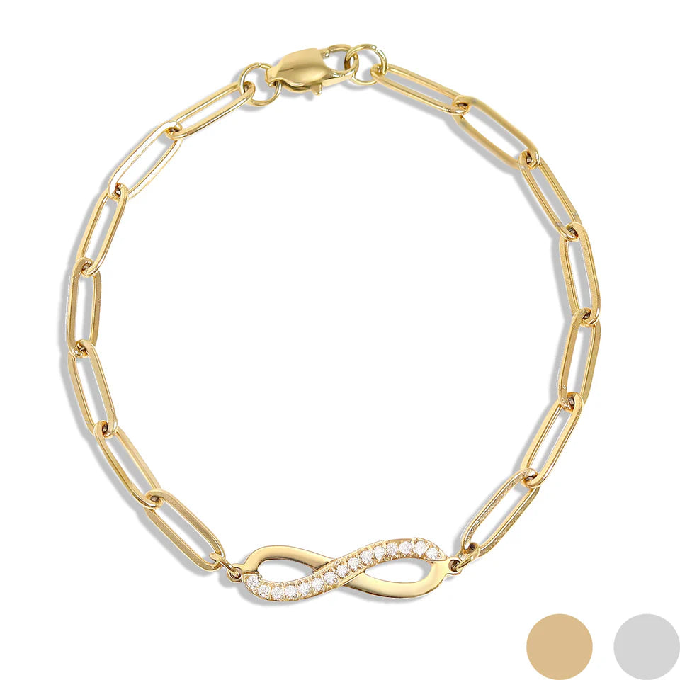 18K gold PVD coated waterproof, non-tarnish, hypoallergenic infinity bracelet.