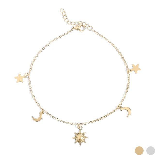 18K gold PVD coated waterproof, non-tarnish, hypoallergenic sun, moon and star ankle bracelet.