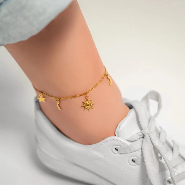 18K gold PVD coated waterproof, non-tarnish, hypoallergenic sun, moon and star ankle bracelet.