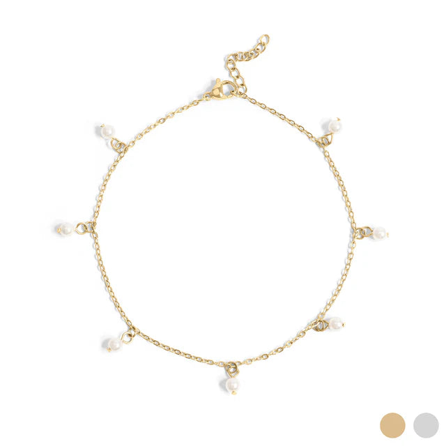 18K gold PVD coated waterproof, non-tarnish, hypoallergenic pearl ankle bracelet.