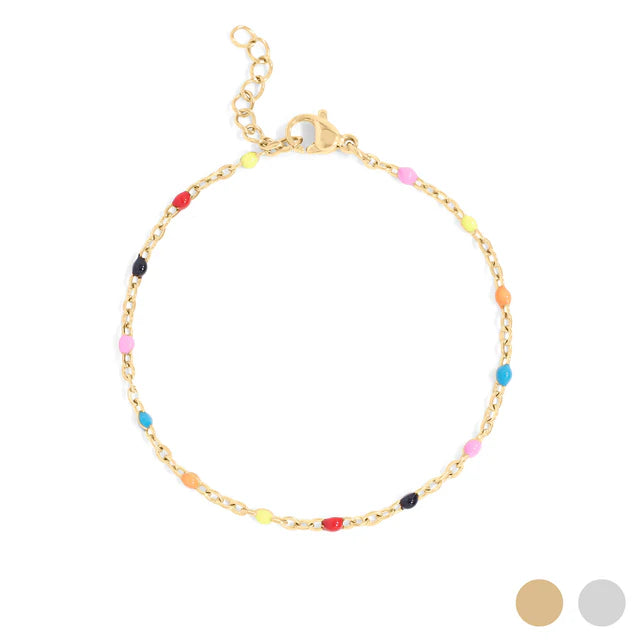 18K gold PVD coated waterproof, non-tarnish, hypoallergenic multi color bead bracelet.