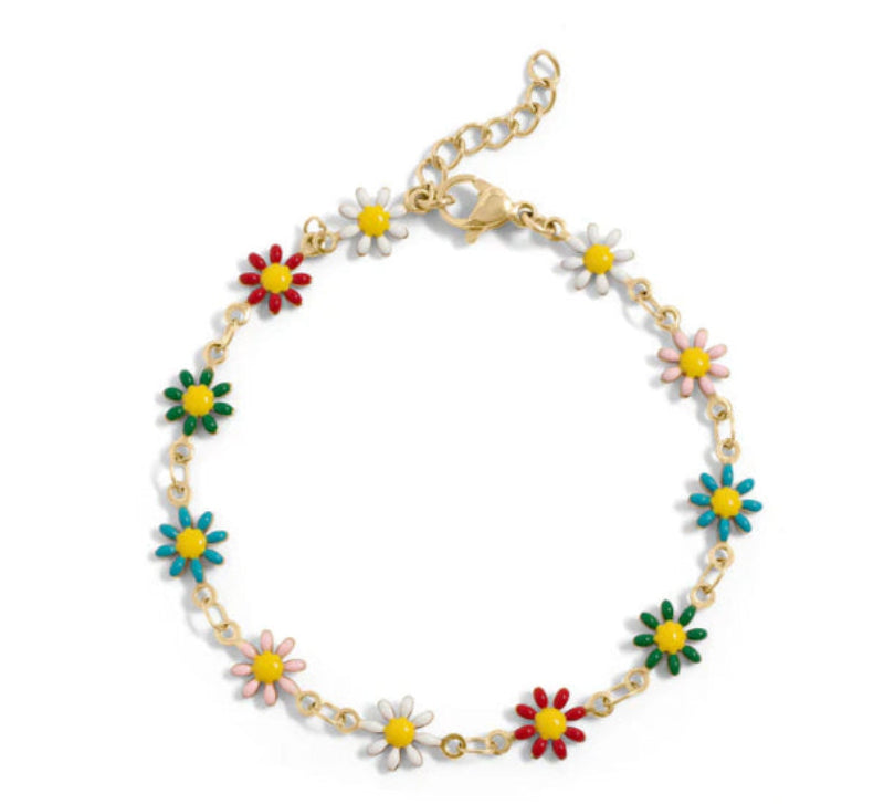 18K gold PVD coated waterproof, non-tarnish, hypoallergenic flower bracelet.
