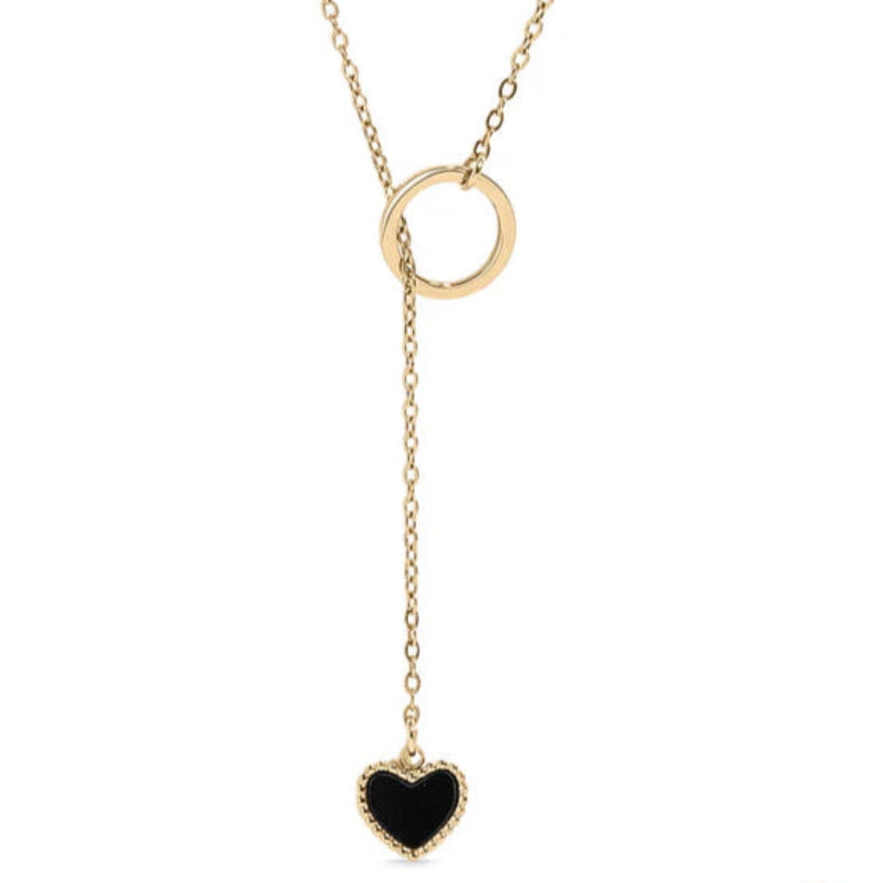 18K gold PVD coated waterproof, non-tarnish, hypoallergenic dangling black heart necklace.