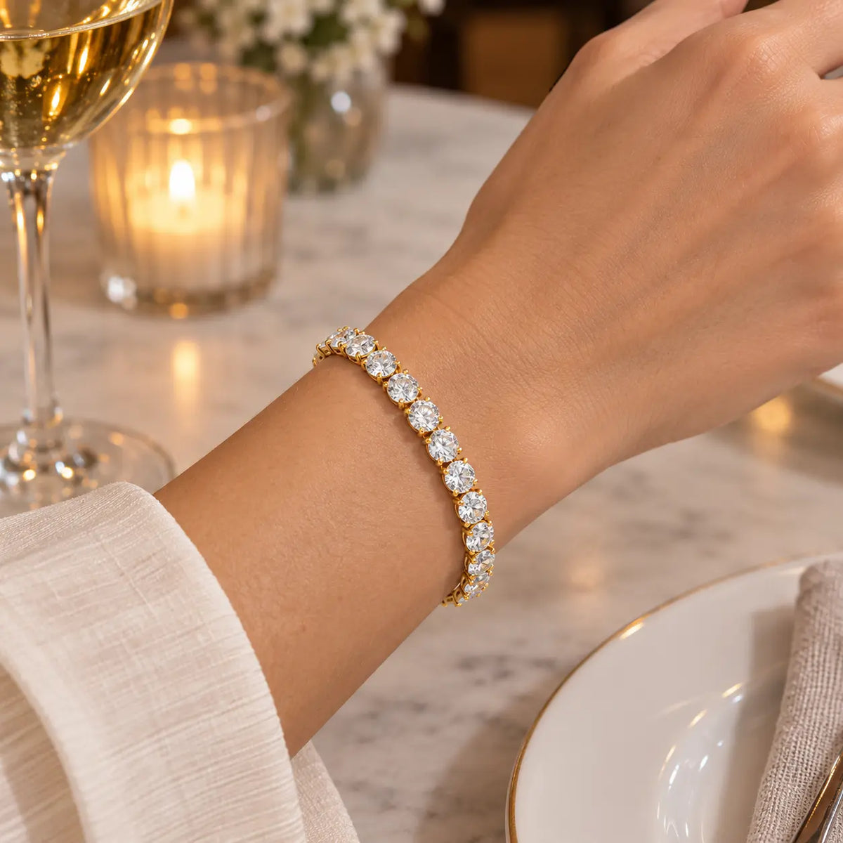 tennis bracelet on wrist
