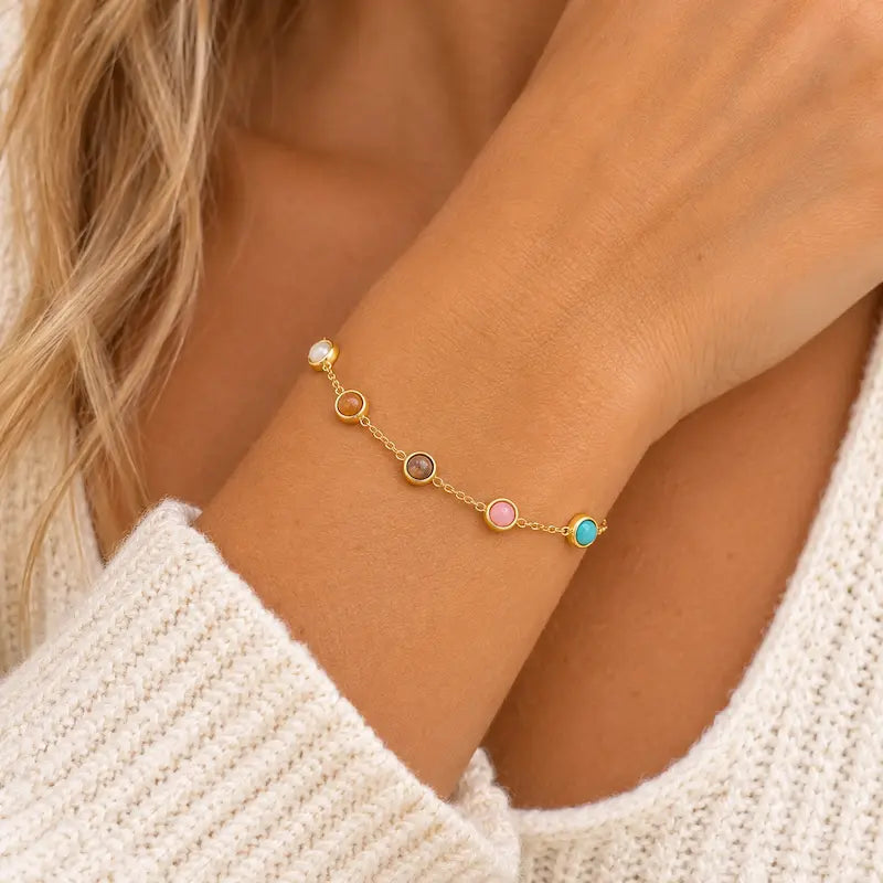 multicolor bead bracelet close up on models wrist