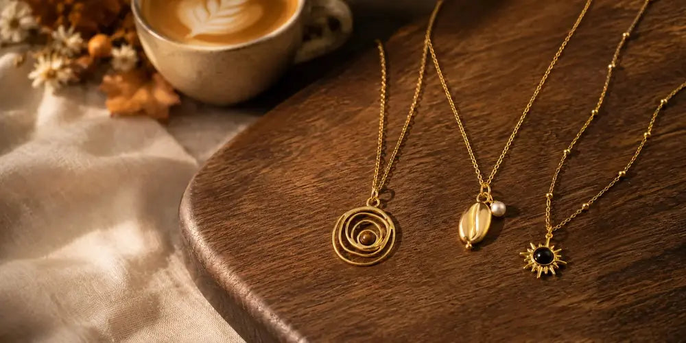 Fall gold necklaces displayed beside a cup of coffee