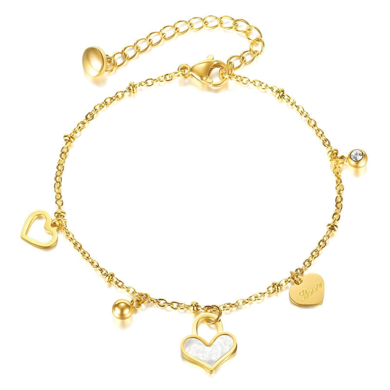 18K gold PVD coated waterproof, non-tarnish, hypoallergenic heart bracelet.