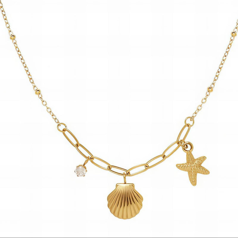 18K gold PVD coated waterproof, non-tarnish, hypoallergenic dainty charm necklace with a shell, diamond and starfish charms.