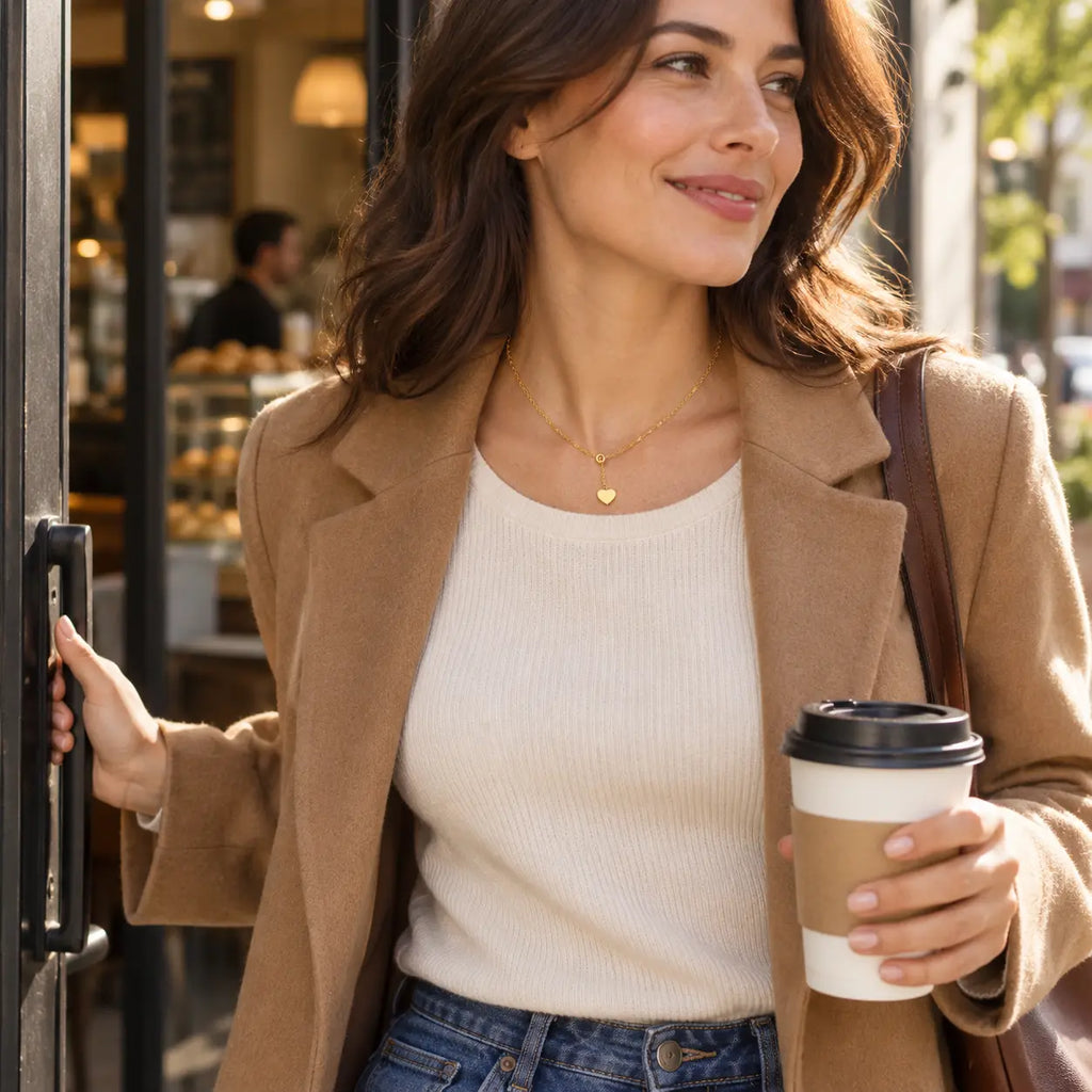 golden heart lariat necklace on woman with coffee