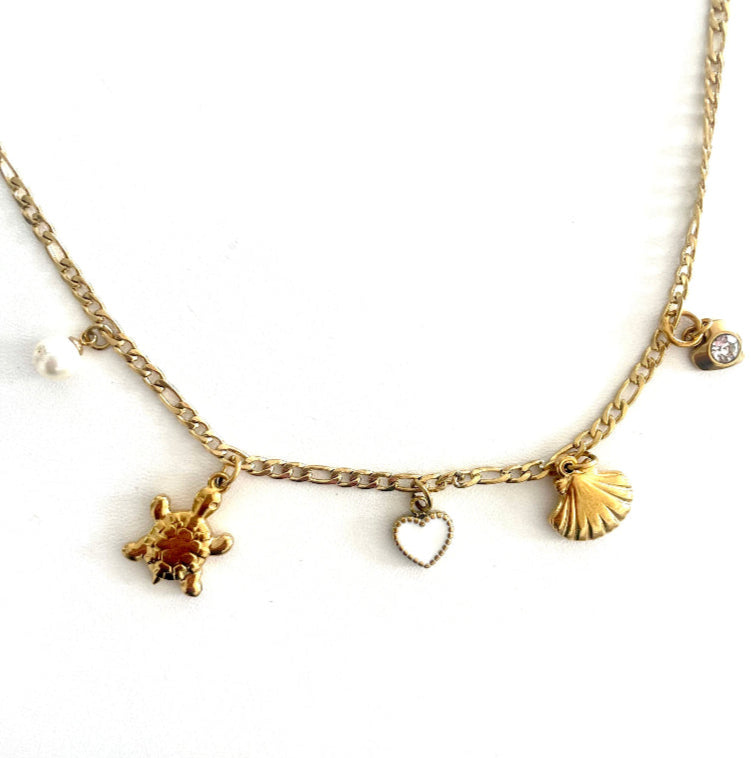 18K gold PVD coated waterproof, non-tarnish, hypoallergenic charm necklace including 5 charms.