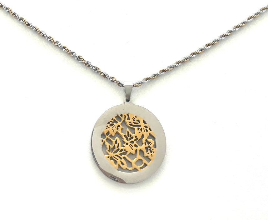 18K gold PVD coated waterproof, non-tarnish, hypoallergenic gold and silver statement pendant necklace.