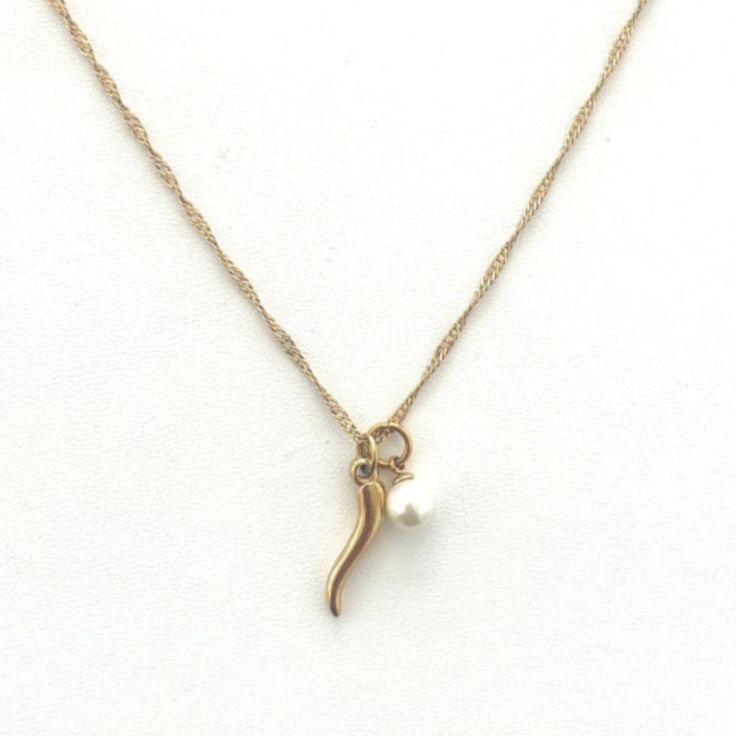 18K gold PVD coated waterproof, non-tarnish, hypoallergenic pearl and italian horn charm necklace.