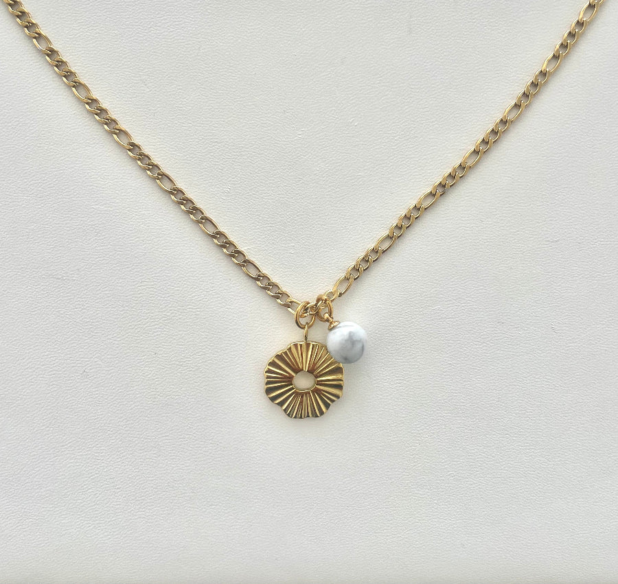 18K gold PVD coated waterproof, non-tarnish, hypoallergenic  necklace with a pearl and gold disc charms.