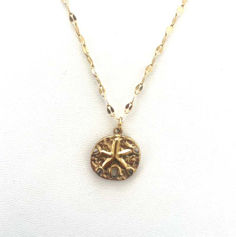 18K gold PVD coated waterproof, non-tarnish, hypoallergenic sand dollar pendant necklace