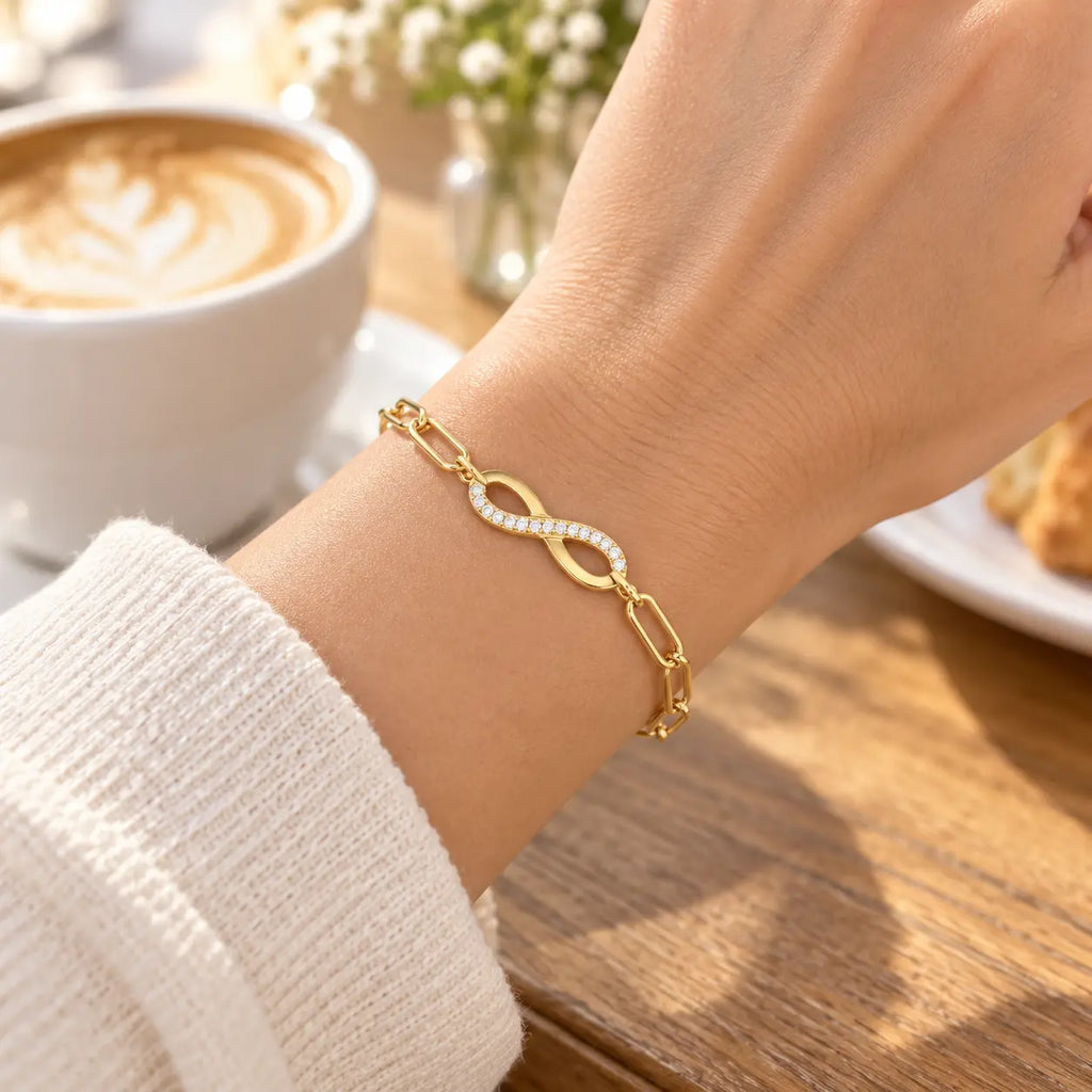 woman wearing infinity bracelet