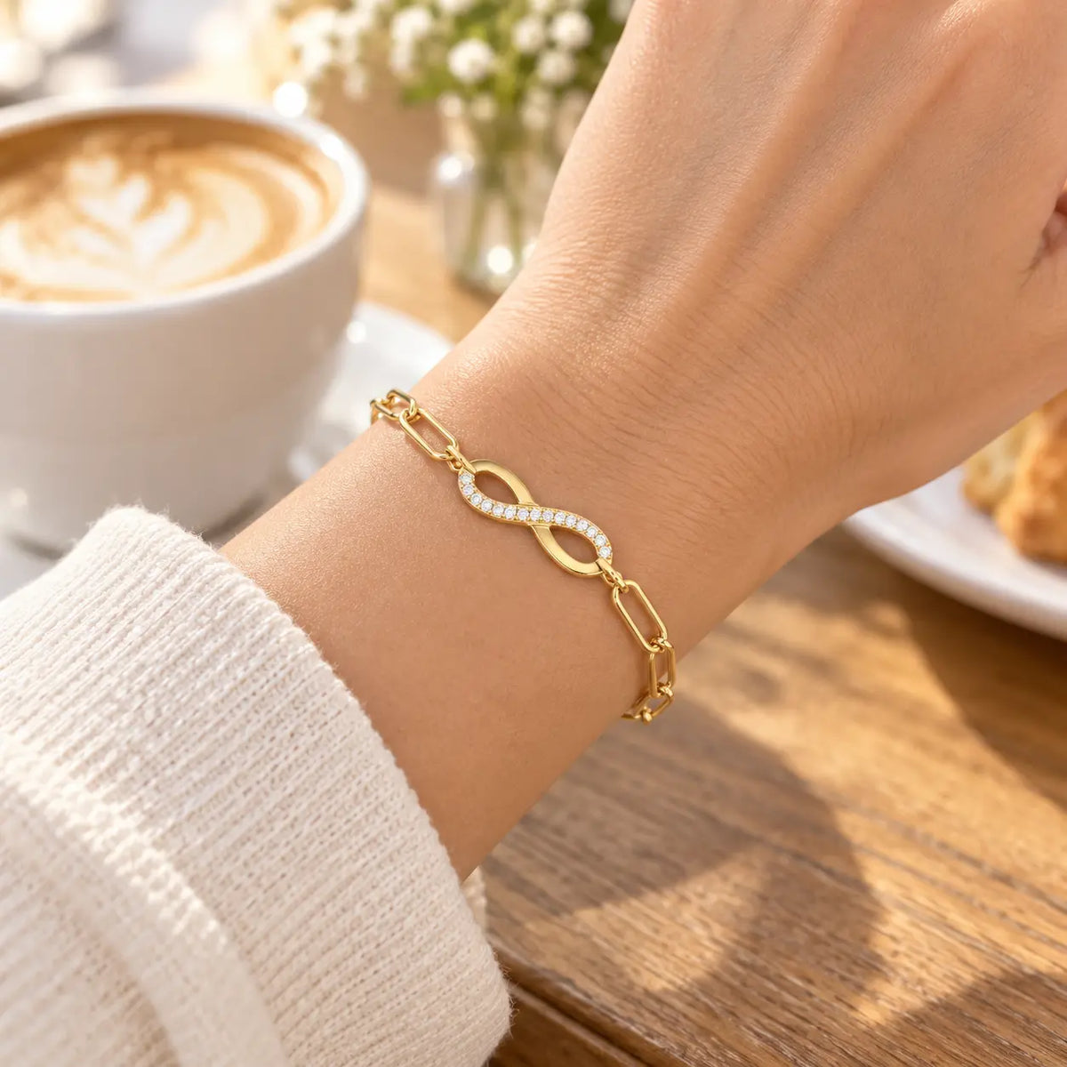 woman wearing infinity bracelet