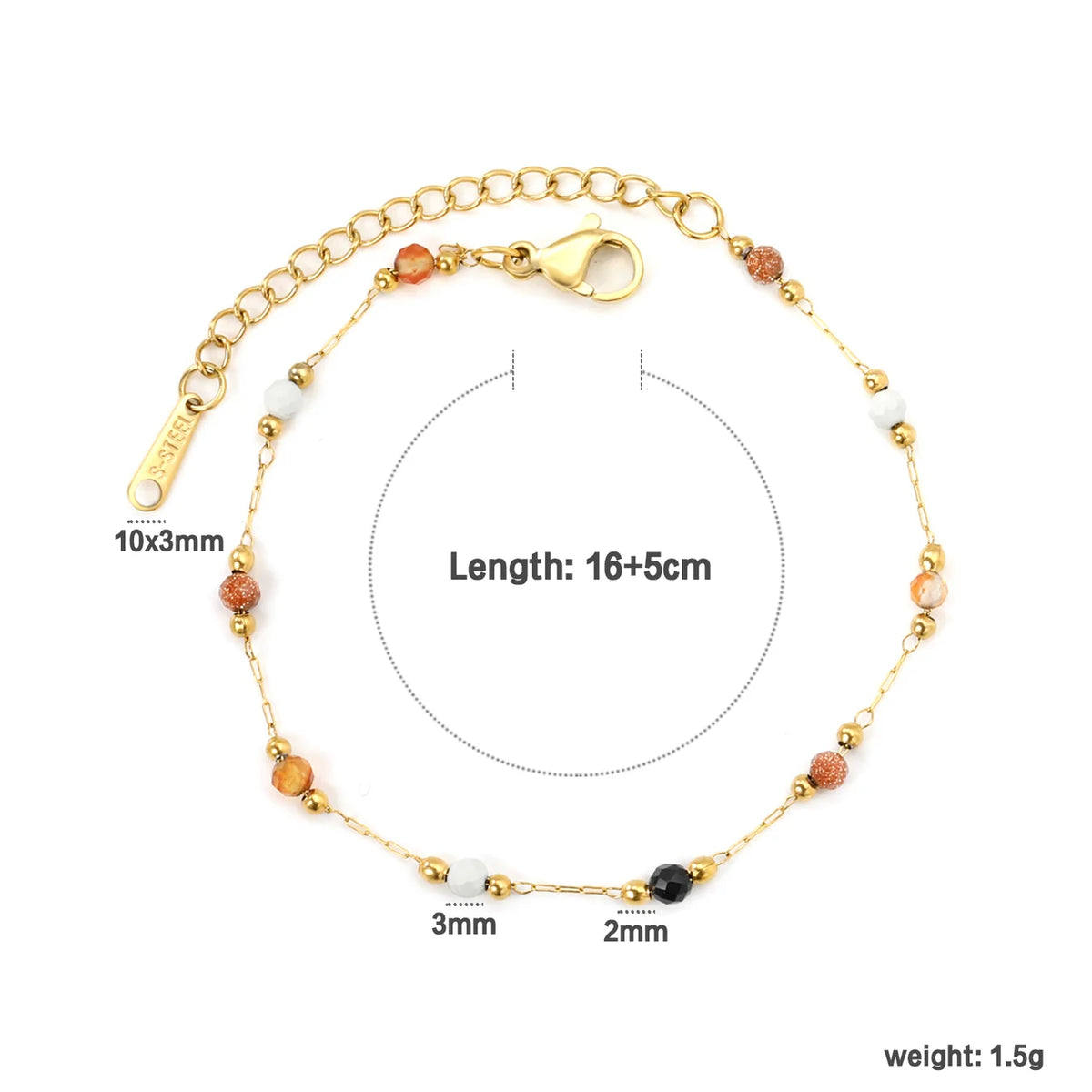 Gold chain anklet with small multicolor beads, shown on a white background with overlaid dimension labels and text indicating length 16+5cm, 10x3mm chain section, 3mm bead, 2mm bead, and weight 1.5g.