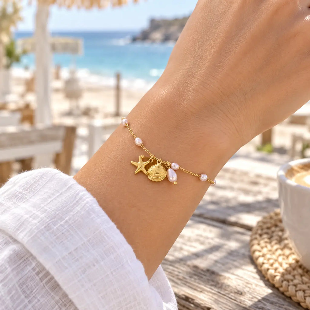 seashell and starfish bracelet on woman