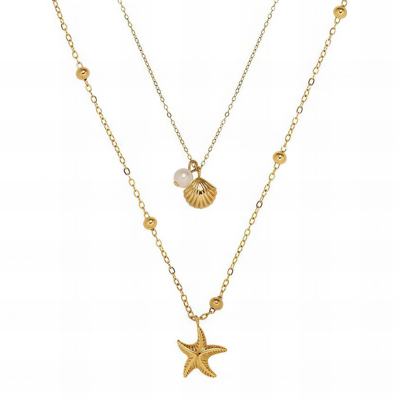 18K gold PVD coated waterproof, non-tarnish, hypoallergenic double necklace with starfish, shell and pearl charms.