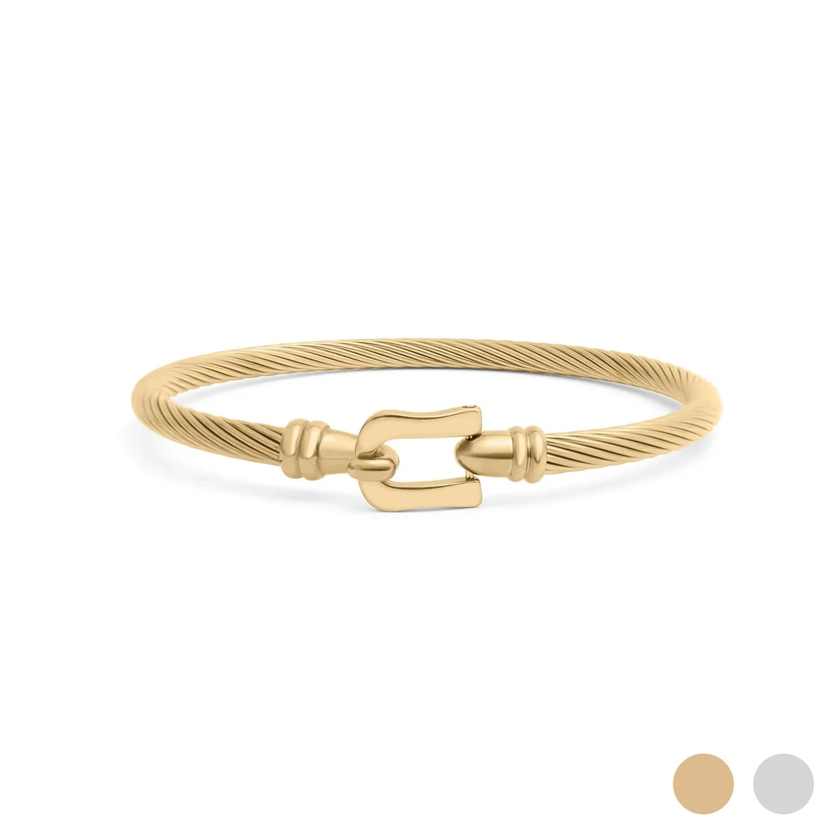 A gold cable-style bangle bracelet with a bow-shaped clasp, shown on a clean white background. Two small circular color swatches are visible in the bottom right corner.