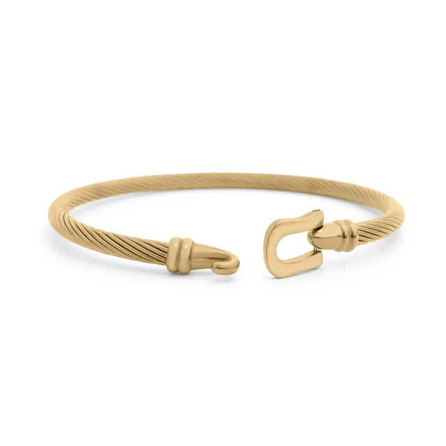 Gold bracelet with a clasp on a white background