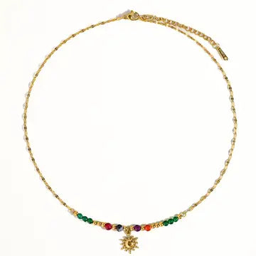 multicolor beads and petite gold sun charm necklace