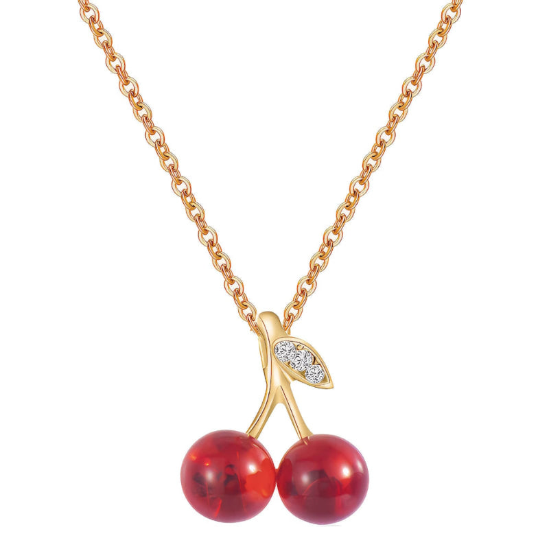 18K gold PVD coated waterproof, non-tarnish, hypoallergenic cherry necklace with diamonds in the leaf.