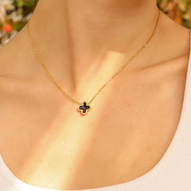 18K gold PVD coated waterproof, non-tarnish, hypoallergenic clover necklace.