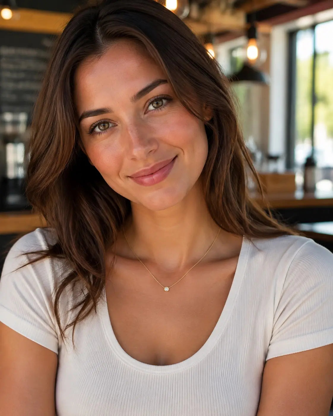 woman wearing diamond solitaire necklace