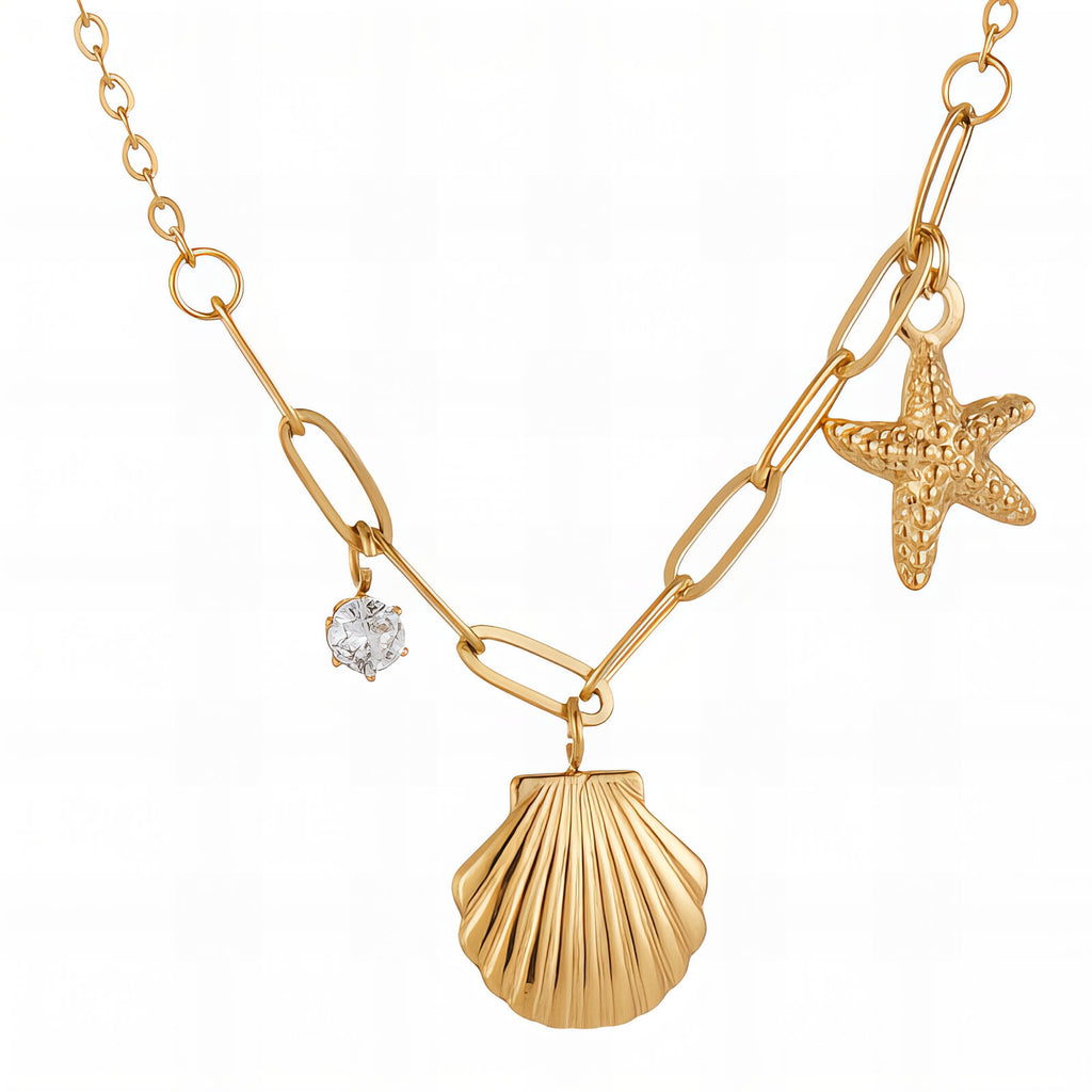 Endless Summer Classis Charm Necklace – Waterproof with Shell, Starfish & Diamond Accent s