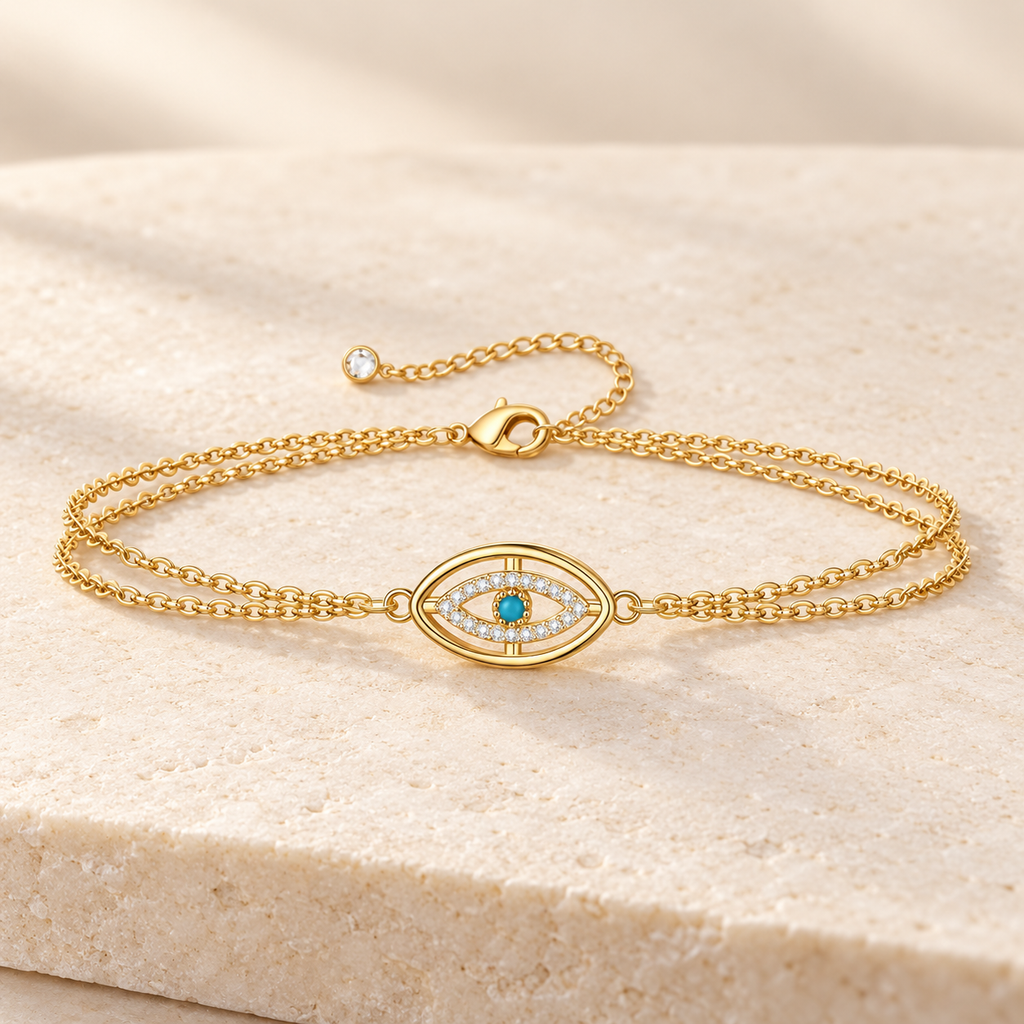 Double Chain Evil Eye Bracelet | Waterproof 18K Gold