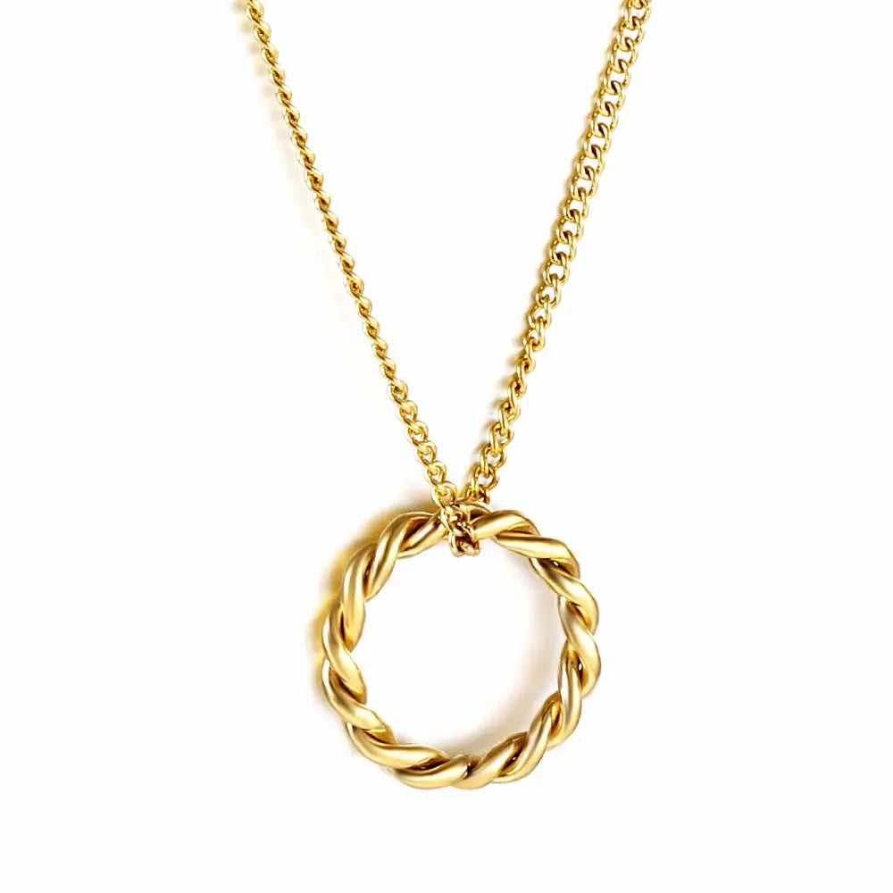 gold braided circle pendant necklac on white background