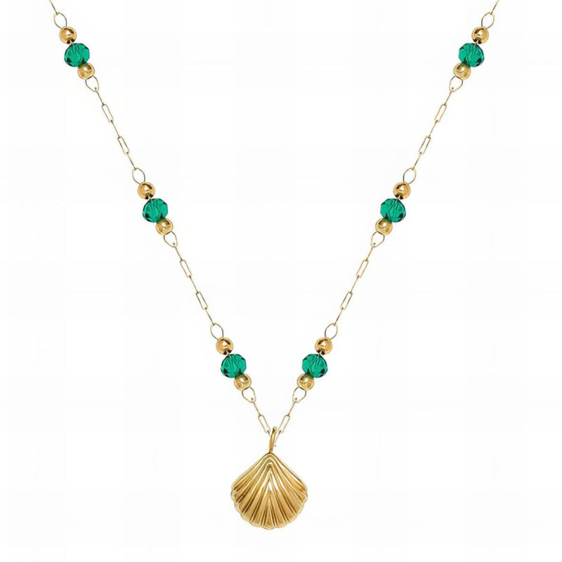 18K gold PVD coated waterproof, non-tarnish, hypoallergenic dainty gold and green beads necklace with sea shell charm.