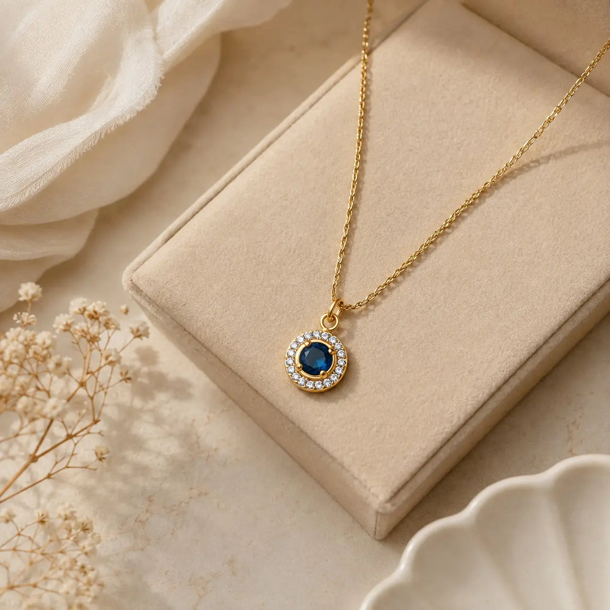 Sapphire & Diamond Circle Necklace in necklace jewelry box