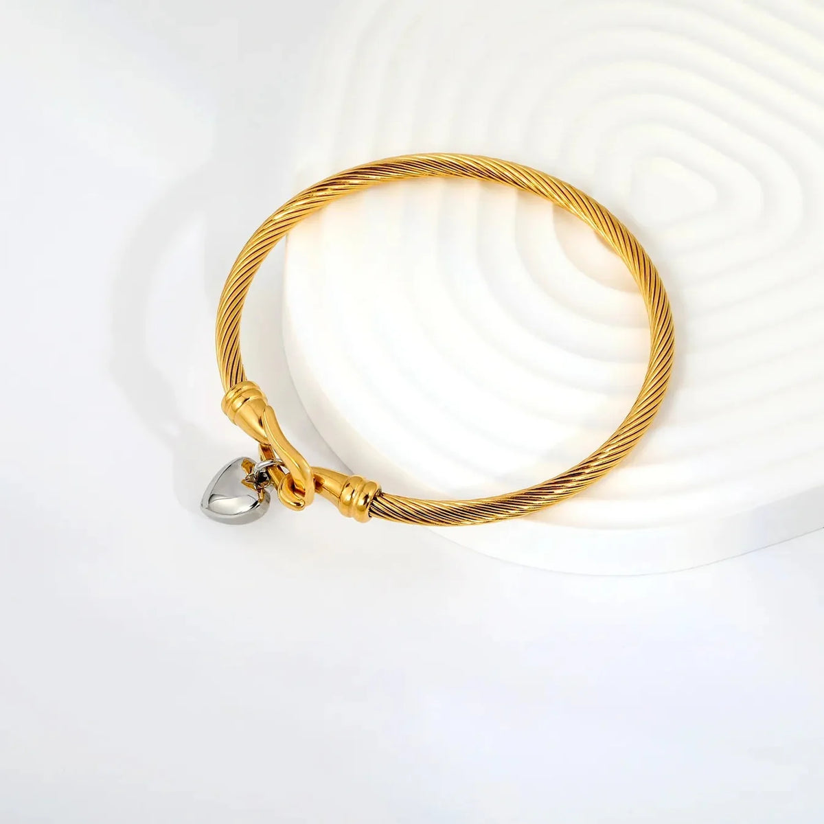 Twisted Cable Buckle Bangle Bracelet, with Stainless Steel Heart Charm | 18K  Gold